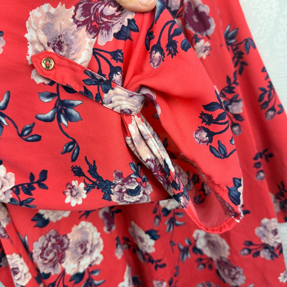 Justify Women's 2X Coral Red Floral Blouse Tunic Long Sleeve Zip Pocket Top - Picture 5 of 8